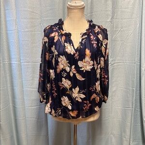 NWT Tamara H size small petite Floral Navy Blouse flowy soft‎ casual